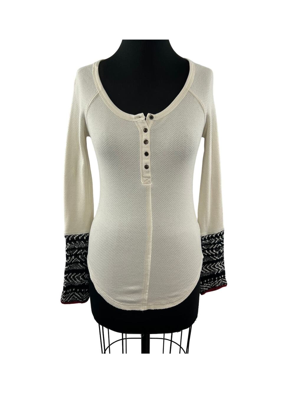 FREE PEOPLE White Top Stretch Knit Ribbed Raglan Sleeve Henley Neck Size Small S